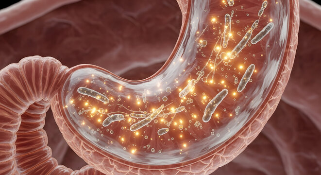 Microscopic beneficial bacteria actively thrive within the illuminated human digestive system organ displaying a crucial healthy gut microbiome balance and essential biological process.