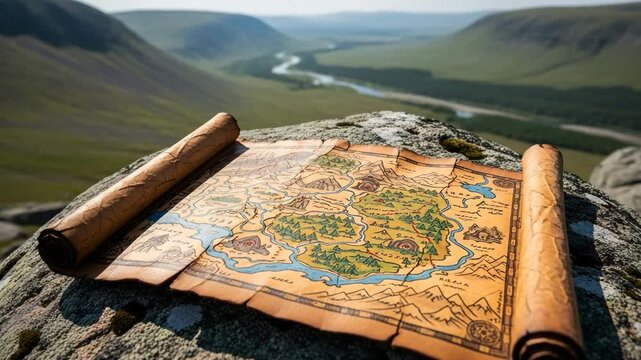 Old leather map unrolled on a large rock with a compass resting on it