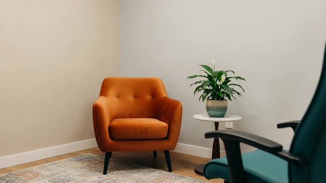 Empty comfortable chair in a warmly lit, uncluttered therapy office, 