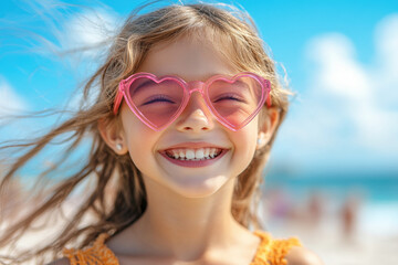 Curly-haired child in pink heart sunglasses beaming cheerfully near ocean waves