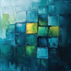 Abstract oil painting creating a textured grid of teal and yellow squares, showing contemporary art expression with impasto technique