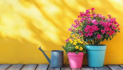Colorful ceramic flower pots resting on weathered wood surface, vibrant yellow background highlighting gardening charm