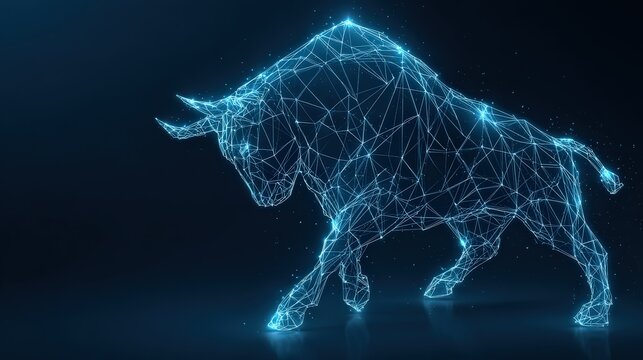 An electrifying, low-poly bull crafted from lines and points emanates a sense of power and financial prowess. ..Created with Generative AI, not depicting real subjects.