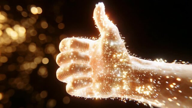 A Dynamic Representation of Positivity: A Hand Gesture Infused with Sparkling Visuals, Emanating a Sense of Affirmation Through Glowing, Particle-Like Effects in a Dark Surrounding Atmosphere