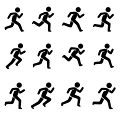 Running man silhouette set with twelve sprint poses. Black athlete pictograms isolated on white for fitness apps, sport signage, marathon training and motion concepts.
