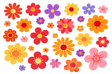 Bright flat floral clipart set with many colorful flowers in red, orange, yellow, pink, purple and blue. Cute spring and summer blossom elements isolated on white.