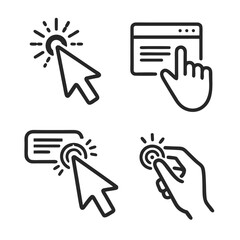 Set of four black outline cursor and finger click icons with web window and buttons, isolated on white. UI UX interaction symbols for apps, web design and tutorials.