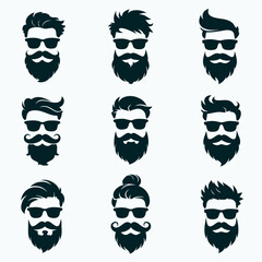 Set of nine hipster male head silhouettes with sunglasses, full beards and moustaches in different hairstyles; modern barber avatar logos, clean vector shapes on a light background.