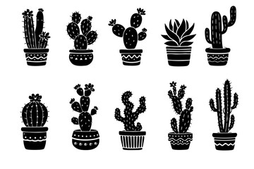 Potted cactus and succulent silhouette collection with ten cute desert plants in patterned pots-saguaro, opuntia, barrel cactus and aloe forms-hand-drawn black icons isolated on white.
