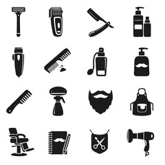 Barbershop and grooming icon set with straight razor, clippers, trimmer, combs, scissors, spray bottles, aftershave, barber chair, apron and beard symbols in bold black silhouettes.