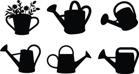 Watering can silhouettes set, garden tools collection, plant care equipment, flower watering icons, black vector illustration, home gardening design, isolated © Frd Art