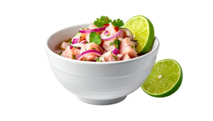 Fresh and delicious Peruvian ceviche in a white bowl, featuring raw fish marinated in citrus lime juice with red onion and cilantro. Isolated on a transparent background for easy use.