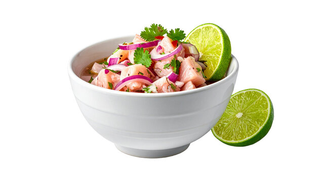 Fresh and delicious Peruvian ceviche in a white bowl, featuring raw fish marinated in citrus lime juice with red onion and cilantro. Isolated on a transparent background for easy use.