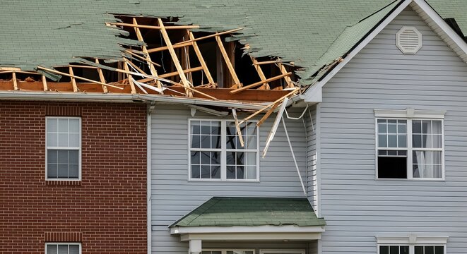 Damaged residential house with collapsed green roof and exposed wooden beams damaged house collapsed roof