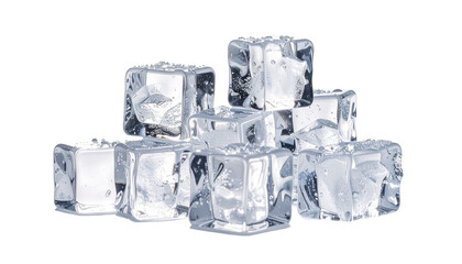Macro shot of a group of clear melting ice cubes stacked together with condensation and reflective water drops. Concept of freshness and cold beverages, isolated on a transparent background.