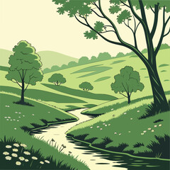 Fototapeta premium Serene green landscape with flowing stream and trees