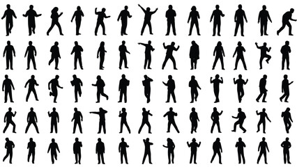 Collection of black human male silhouettes in various dynamic poses and movements isolated on white background