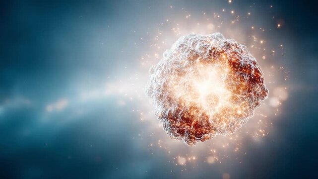 The Heart of Matter: An abstract visualization, depicting the dynamic energy of a single cell bathed in radiant, ethereal light. The composition celebrates life's fundamental building block.