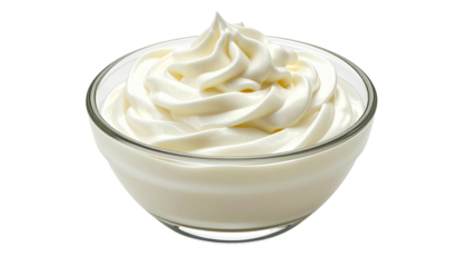 Swirled whipped cream, sour cream, or mayonnaise in a clear glass bowl. Dessert topping, condiment, or dairy product isolated on a transparent background, perfect for culinary and food designs.