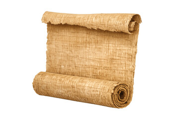 Papyrus scroll partially rolled, showing textured paper from ancient times. Transparent background for easy layering