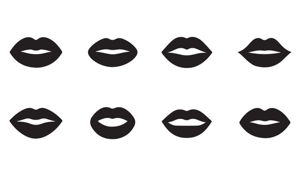 Set of eight stylized lip icons in black and white