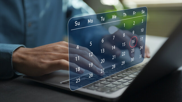 Highlight appointment reminders with calendar alerts on virtual screen. Scheduling management, time organization and productivity support for business and personal planning.