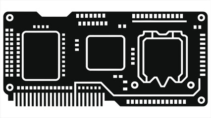 Artificial intelligence motherboard chip silhouette vector illustration, black and white PCB circuit board icon for AI processor, machine learning GPU hardware, digital technology background design AI