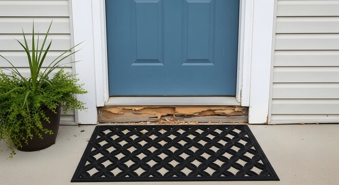 Damaged wooden door threshold with black rubber doormat and potted plant by blue door