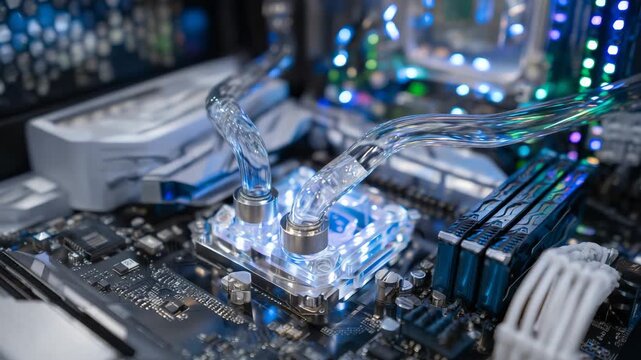 222Close-up of liquid cooling tubes inside a PC case, clear coolant visible, RGB lighting reflecting on metal surfaces, high-tech home gaming computer interior