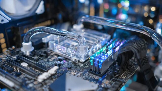 221Close-up of liquid cooling tubes inside a PC case, clear coolant visible, RGB lighting reflecting on metal surfaces, high-tech home gaming computer interior