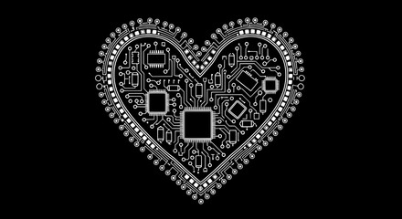 Detailed Circuit Board Heart Shape Vector Illustration on Black Background