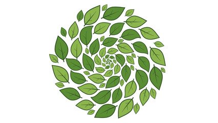 A spiraling circle composed of green leaves of varying sizes on a white background