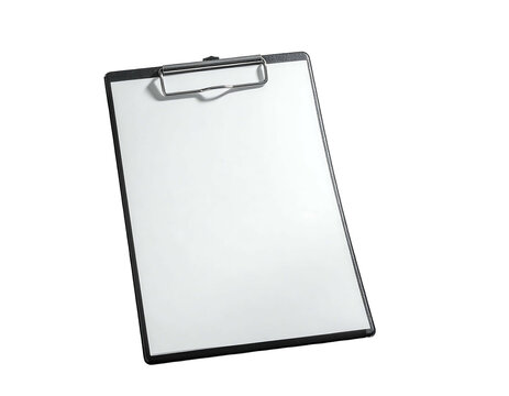 Angled shot of a rectangular clipboard with a blank white paper sheet, against a black background