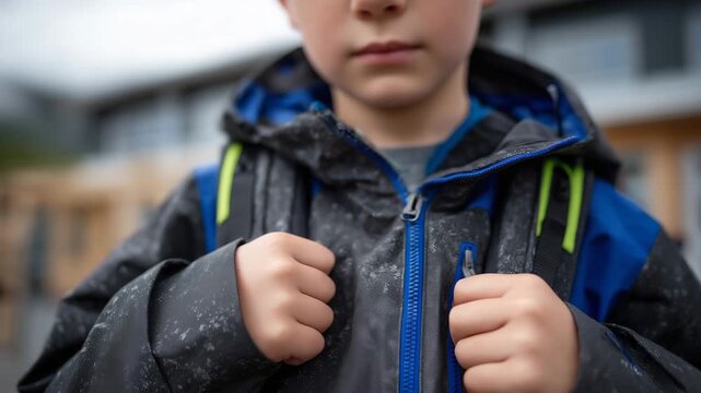 Close-up of a child adjusting a backpack strap, winter jacket sleeves visible, school entrance blurred in the background, detailed fabric textures and zippers, sense of readiness a