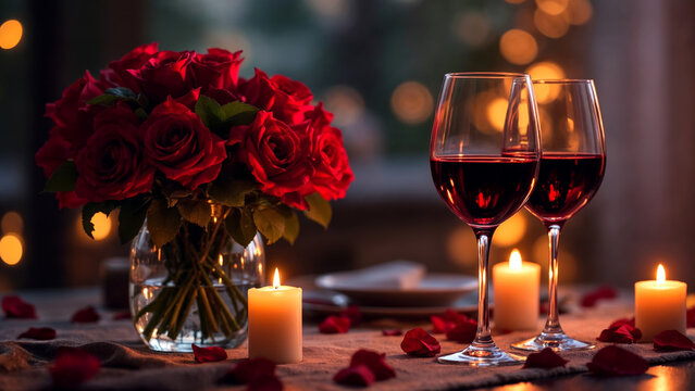Dinner table decorated with red roses, wine glasses, candles, and rose petals for a romantic evening. Valentines Day concept