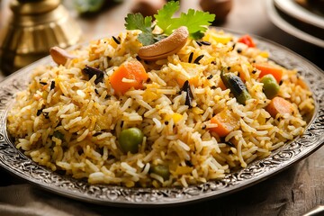 Indian vegetable pulao with cashew nut garnish ultra hd photo