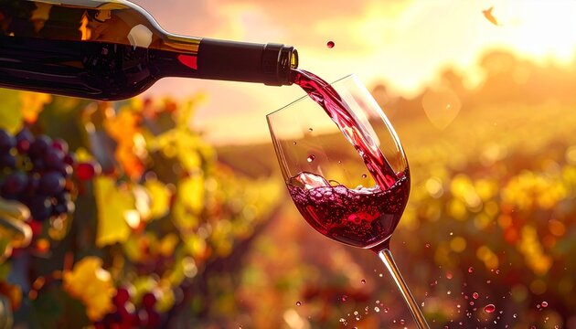 Red wine is poured into a glass at sunset in a vineyard surrounded by grapevines and nature - Powered by Adobe