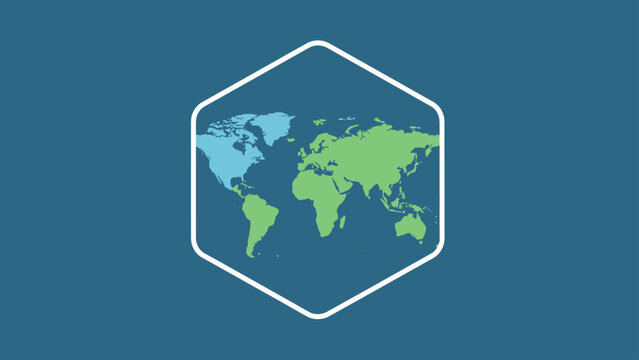 Simplified world map graphic within a hexagonal frame, on a teal background