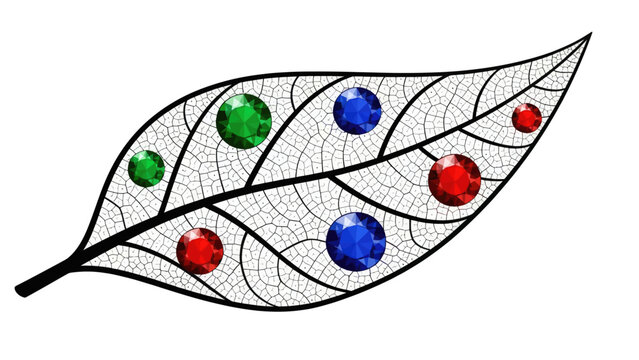 Stylized leaf skeleton filled with texture and decorated with colorful gem shapes