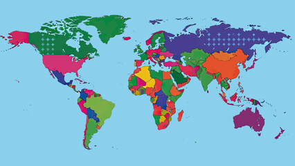 Fototapeta premium A vibrantly colored world map displaying the continents and countries, with a light blue background