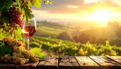 Sunset view of vineyards with wine glass and grapes on a table during evening hours