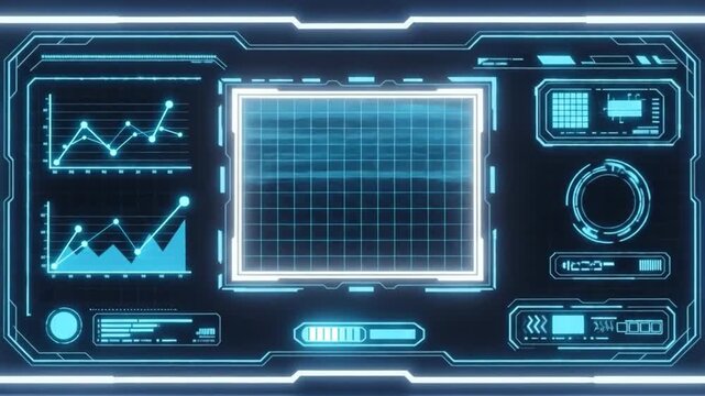 Futuristic user interface with glowing neon elements, displaying data and charts on a dark background.