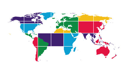 Obraz premium A colorful, grid-based world map. Different continents and regions are colored in