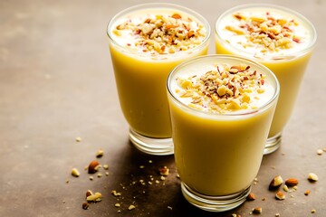 Three mango lassi drinks garnished with nuts ultra hd photo