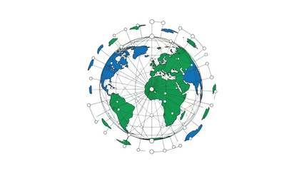 Digital illustration of a globe with blue and green continents connected by lines and circles