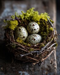 Obraz premium Speckled quail eggs in natural bird nest with moss on rustic surface