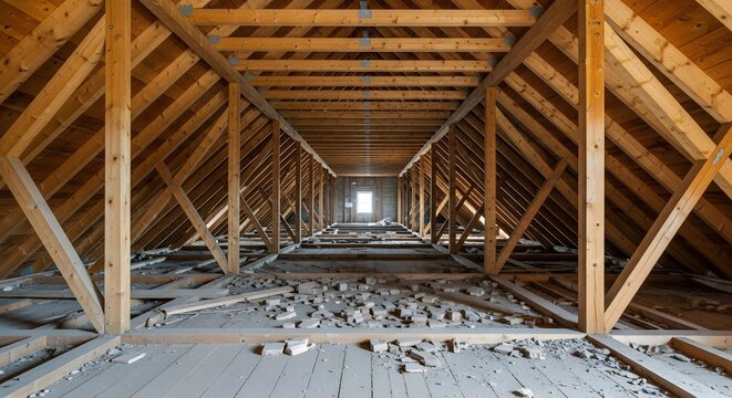 Empty wooden attic interior with exposed rafters insulation debris and unfinished flooring wooden rafters