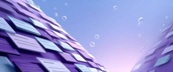 Abstract digital landscape with floating translucent bubbles and layered purple and blue rectangular panels creating futuristic depth and perspective