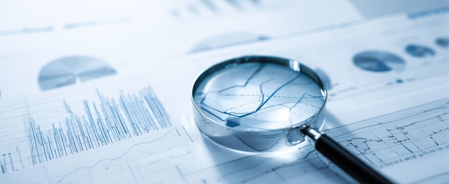 The Magnifying Glass on Financial Charts Revealing Data Trends and Business Analysis
