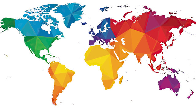A low-poly world map showing continents in various colors against a white background